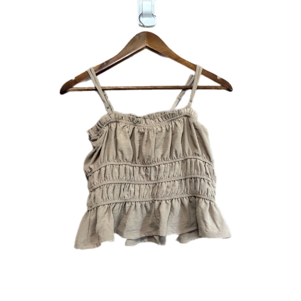 Popular 21 Smocked Cami Top Womens Small‎ Taupe Excellent Ruffle Peplum TX4140 - Picture 6 of 6